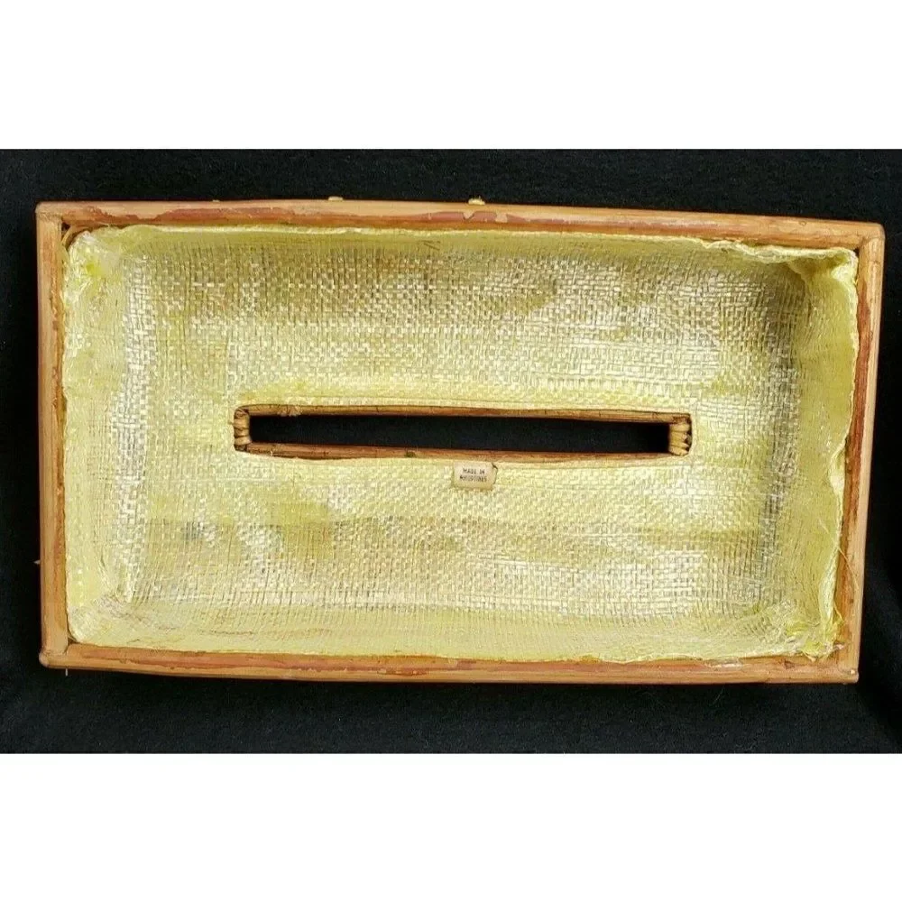 Boho Vintage 70s Wicker Rattan Wood Tissue Holder Box Flowers Cottagecore Decor
